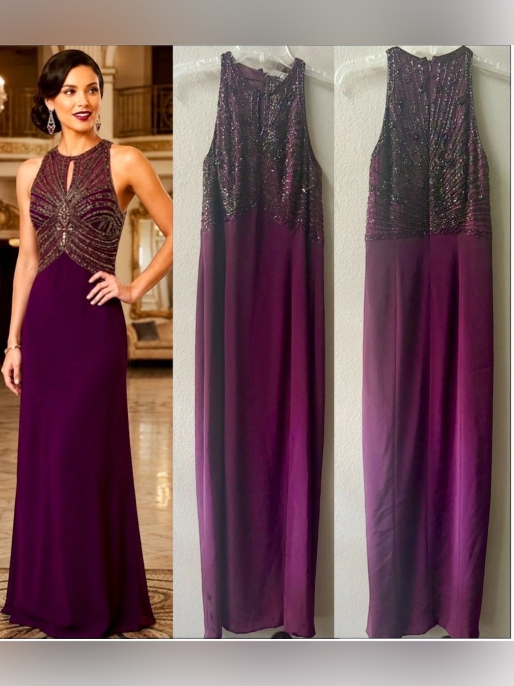 VTG.MONTAGE BY MON CHERI MOTHER OF BRIDE/GROOM HIGH HALTER SEQIN TOP GOWN SIZE 8